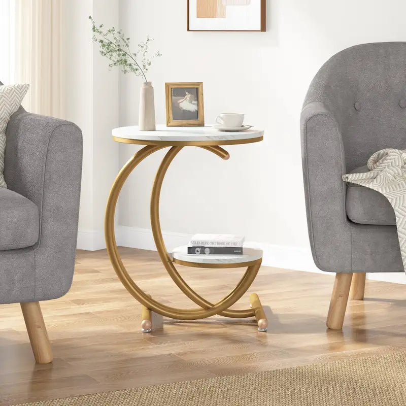 2-Tier Round Marble End Table with Storage Shelf (Modern/Industrial)