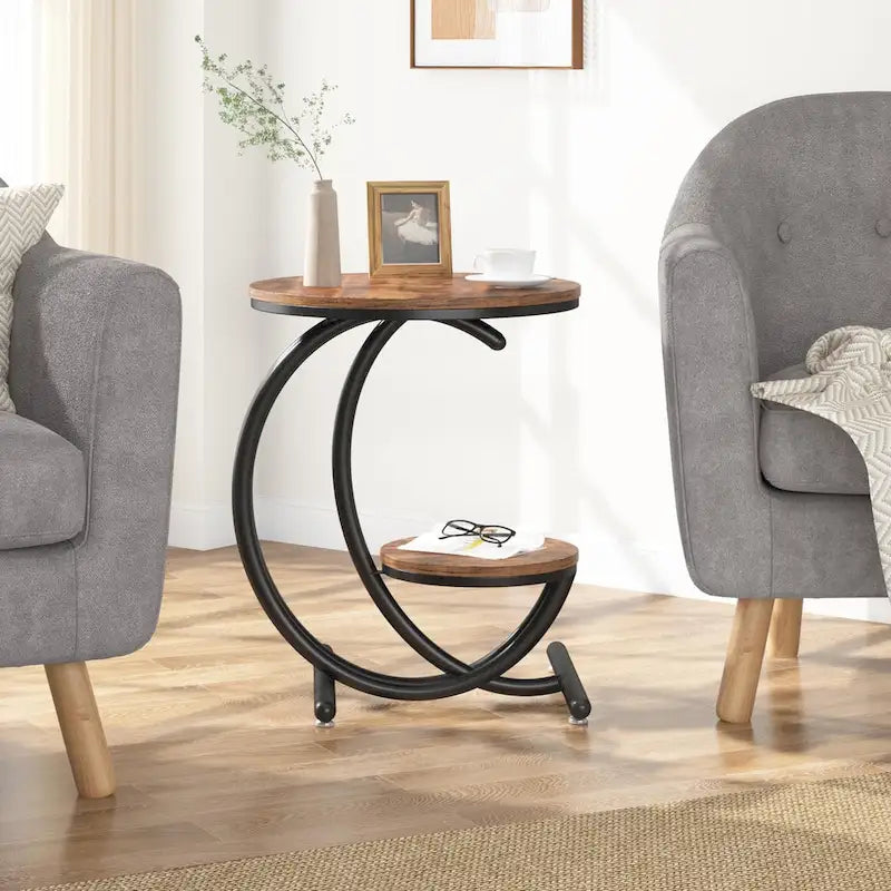 2-Tier Round Marble End Table with Storage Shelf (Modern/Industrial)