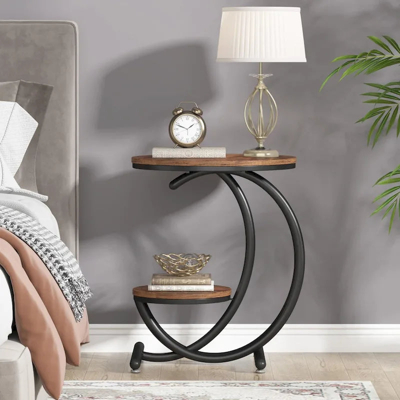 2-Tier Round Marble End Table with Storage Shelf (Modern/Industrial)