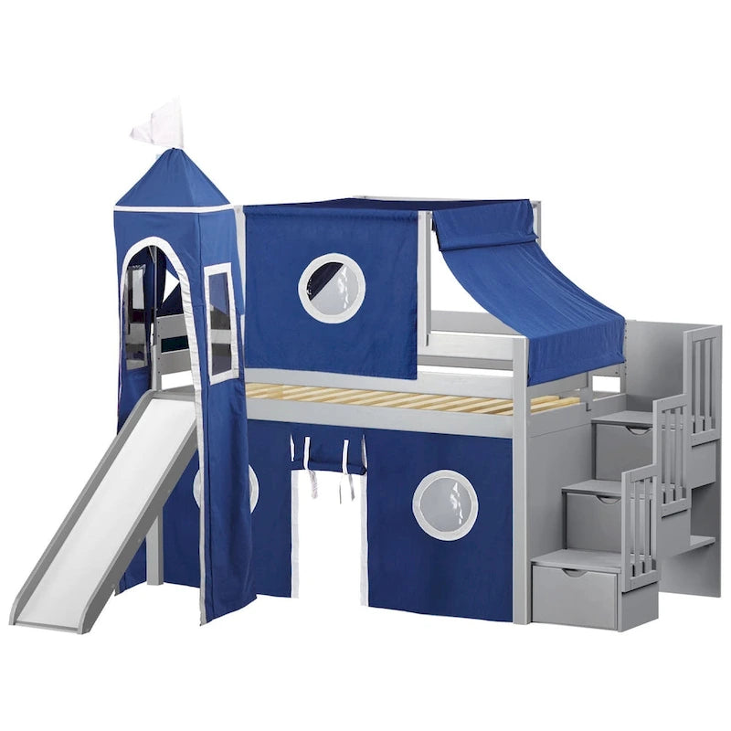 JACKPOT Prince & Princess Low Loft Twin Bed, Stairs Slide Tent & Tower