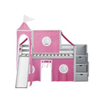 JACKPOT Prince & Princess Low Loft Twin Bed, Stairs Slide Tent & Tower