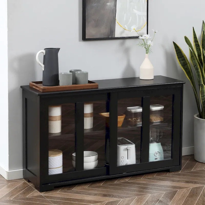 HOMCOM Modern Kitchen Sideboard, Stackable Storage Cabinet, Sliding Glass Door Console, Cupboard Serving Buffet for Kitchen