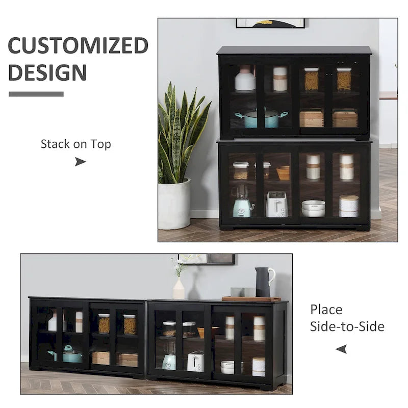 HOMCOM Modern Kitchen Sideboard, Stackable Storage Cabinet, Sliding Glass Door Console, Cupboard Serving Buffet for Kitchen