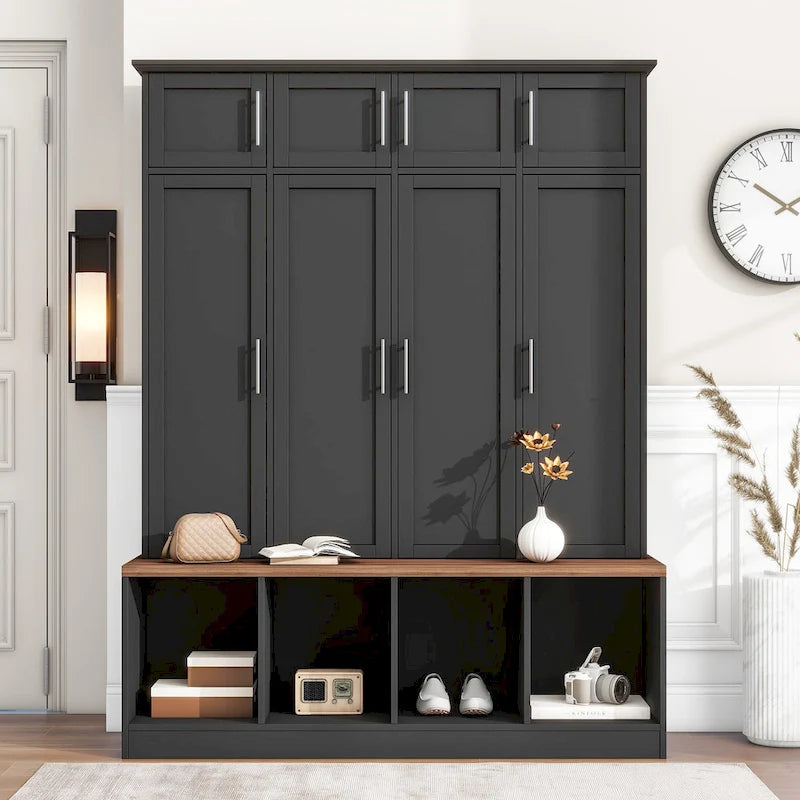 Hall Tree Storage Cabinet with 4/6 Hidden Hooks, Bench, and Open Compartments