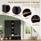Hall Tree Storage Cabinet with 4/6 Hidden Hooks, Bench, and Open Compartments
