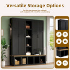 Hall Tree Storage Cabinet with 4/6 Hidden Hooks, Bench, and Open Compartments