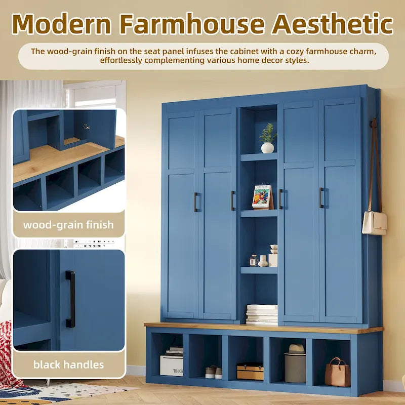 Hall Tree Storage Cabinet with 4/6 Hidden Hooks, Bench, and Open Compartments