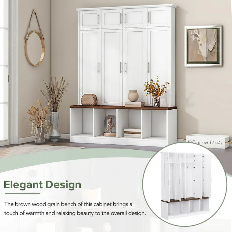Hall Tree Storage Cabinet with 4/6 Hidden Hooks, Bench, and Open Compartments