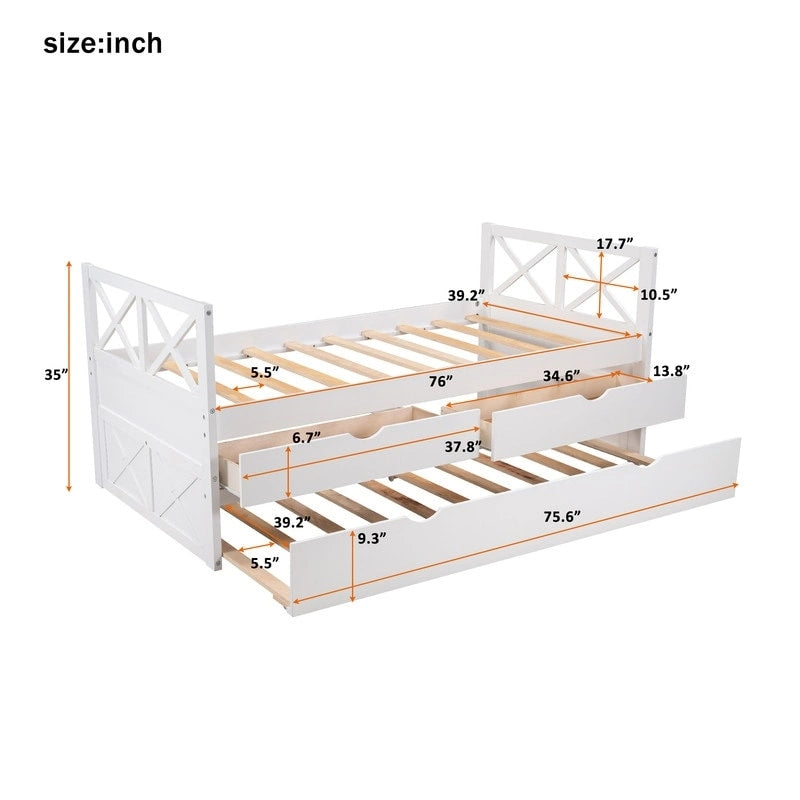 Twin Daybed with Trundle and Storage Drawers, Farmhouse Style Wood Twin Size Storage Trundle Bed,White