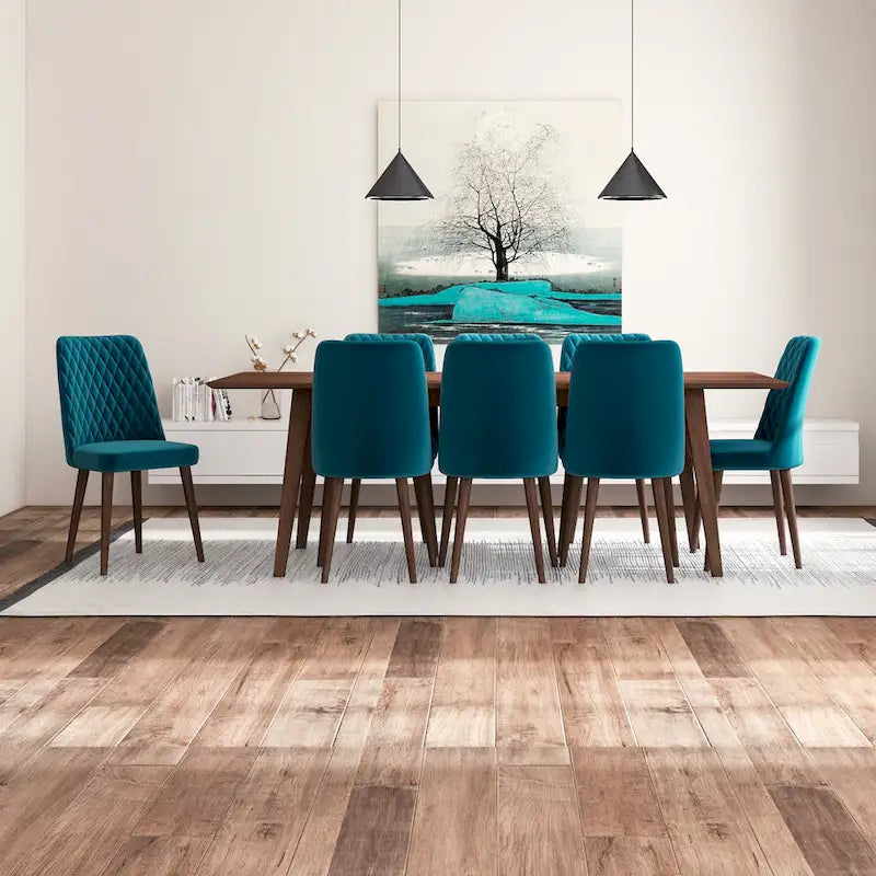 Addison 9-Piece Mid-Century Rectangular Dining Set w/ 8 Velvet Dining Chairs in Turquoise