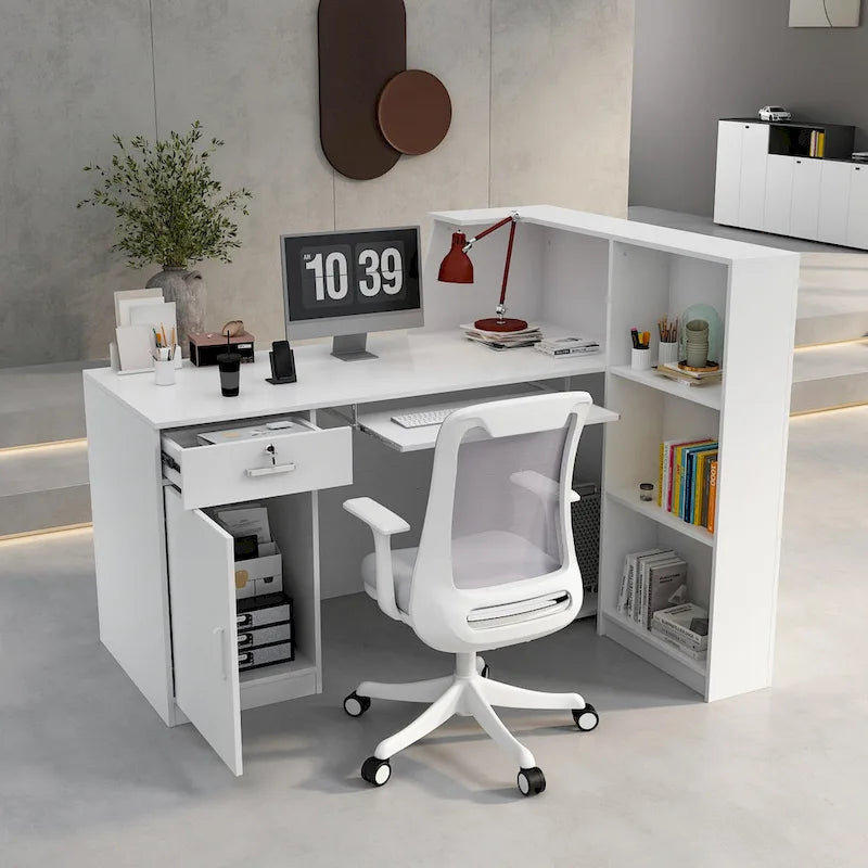 Timechee Reception Desk L-Shaped Counter w/ Lockable Storage, White