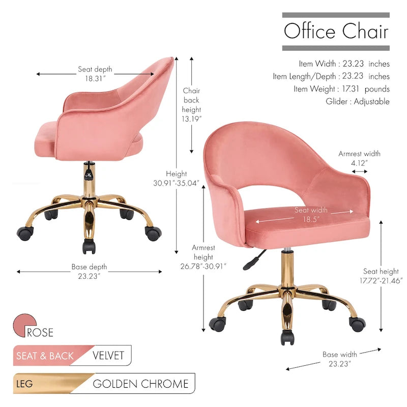 Porthos Home Camron Velvet Swivel Office Chair, Golden Chrome Legs