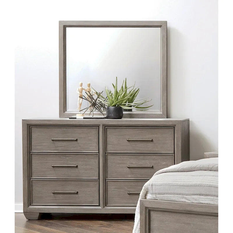 Roundhill Furniture Ennesley Gray Wood Bedroom Set with Upholstered Panel Bed, Dresser, Mirror, 2 Nightstand, and Chest