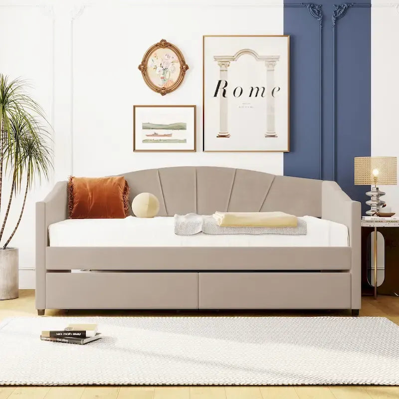 Upholstered daybed Twin Size with Two Drawers and Wood Slat Suppot
