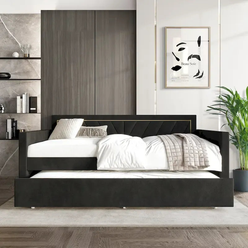 CraftPorch Glam Velvet Upholstered Twin Size Daybed with Trundle