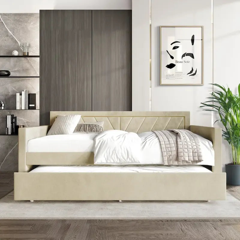Glam Velvet Upholstered Twin Size Daybed with Trundle