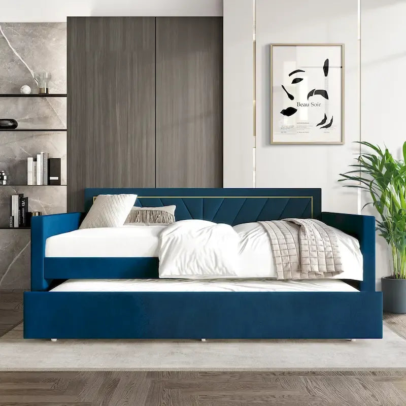 Glam Velvet Upholstered Twin Size Daybed with Trundle