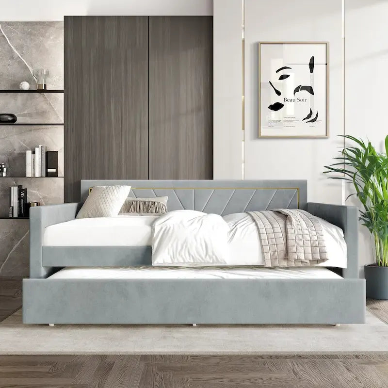Glam Velvet Upholstered Twin Size Daybed with Trundle