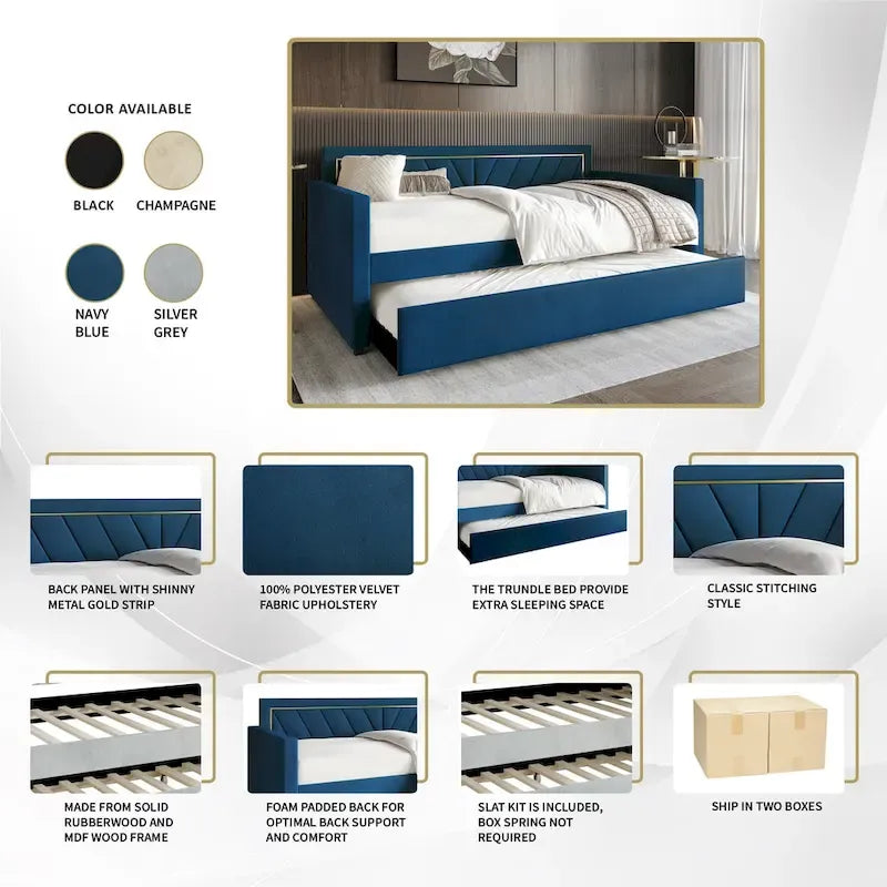 Glam Velvet Upholstered Twin Size Daybed with Trundle