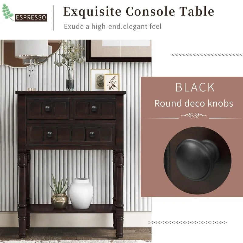 Narrow table, rustic entrance table, slim sofa table, three storage drawers and bottom shelf