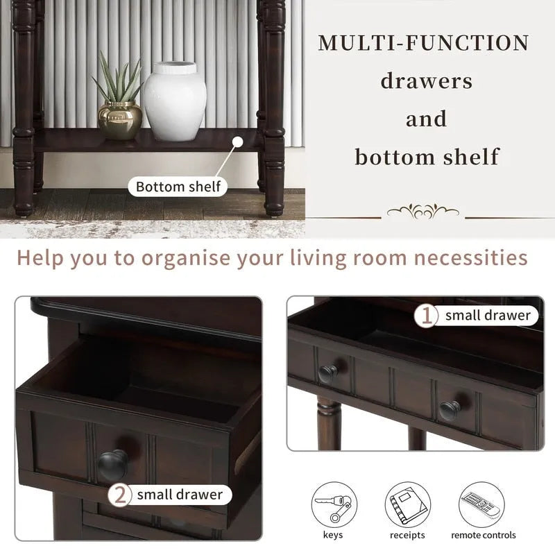 Narrow table, rustic entrance table, slim sofa table, three storage drawers and bottom shelf