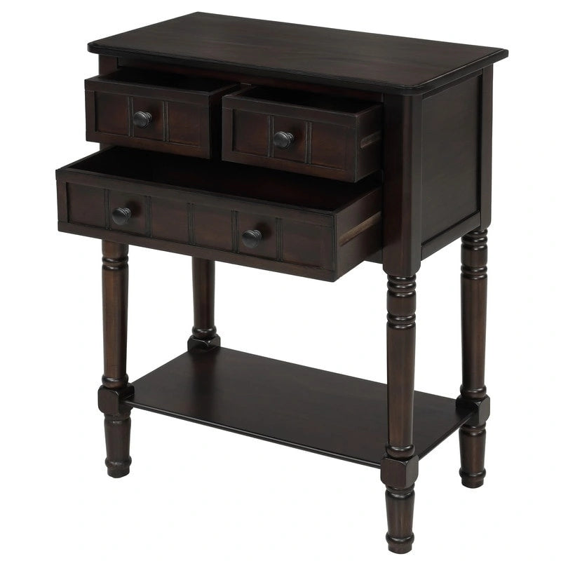 Narrow table, rustic entrance table, slim sofa table, three storage drawers and bottom shelf