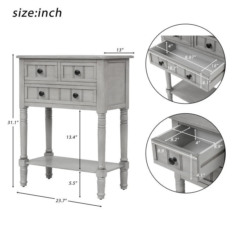 Narrow table, rustic entrance table, slim sofa table, three storage drawers and bottom shelf