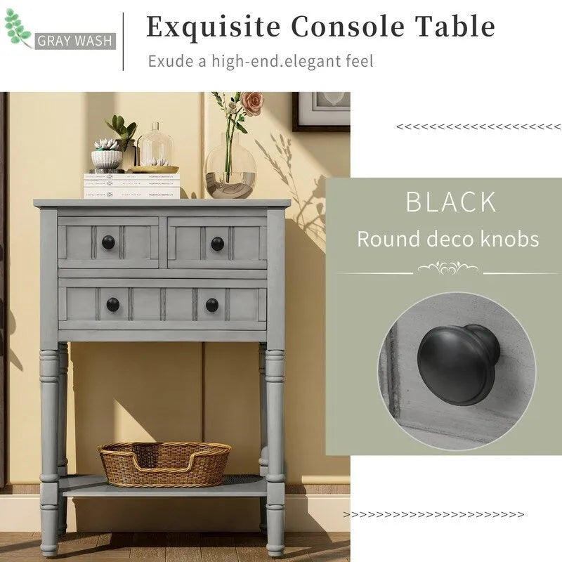 Narrow table, rustic entrance table, slim sofa table, three storage drawers and bottom shelf