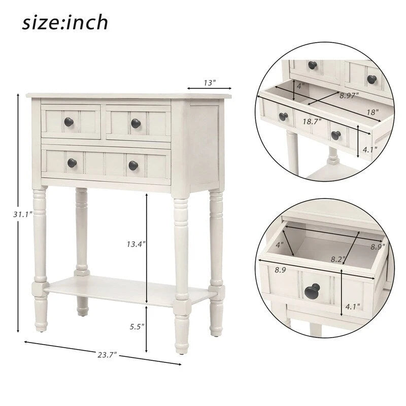 Narrow table, rustic entrance table, slim sofa table, three storage drawers and bottom shelf