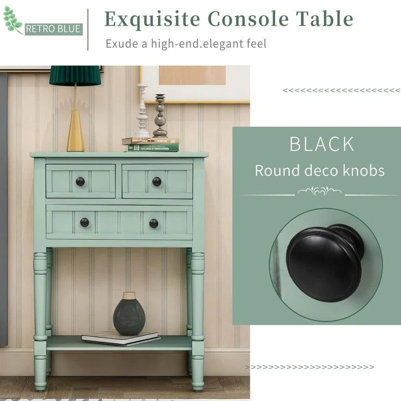 Narrow table, rustic entrance table, slim sofa table, three storage drawers and bottom shelf