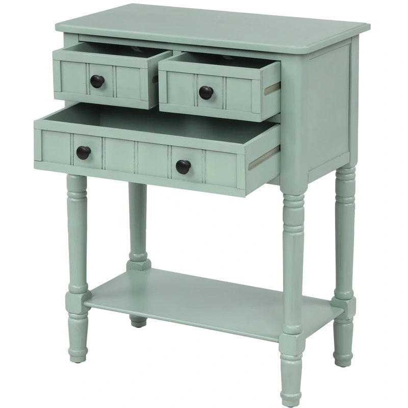 Narrow table, rustic entrance table, slim sofa table, three storage drawers and bottom shelf