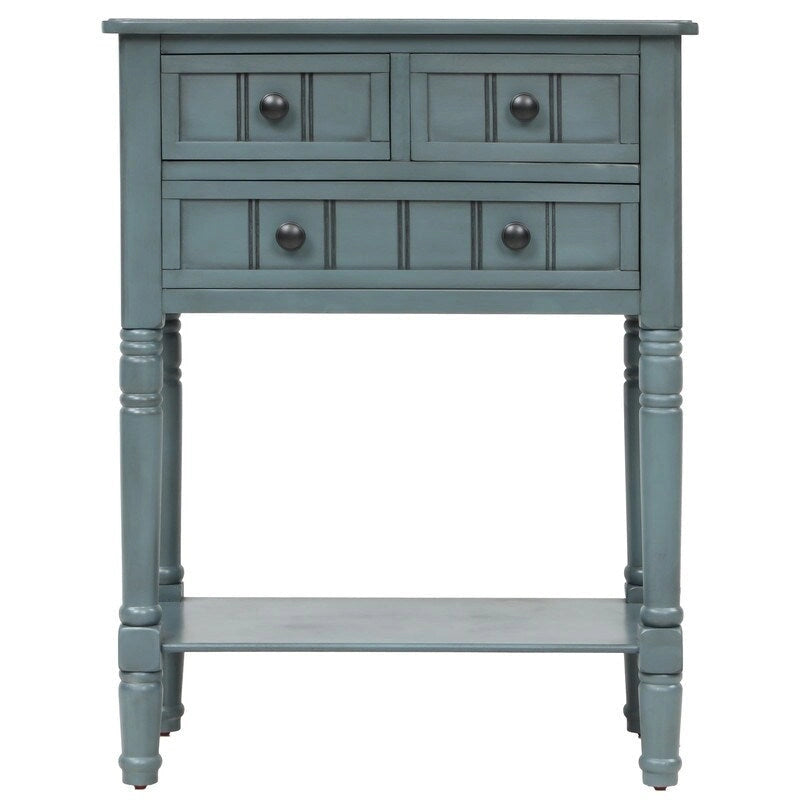 Narrow table, rustic entrance table, slim sofa table, three storage drawers and bottom shelf