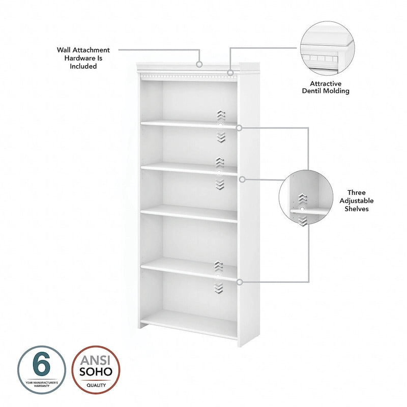 Fairview Antique White 5-shelf Bookcase - Antique - 29.57L x 12.09W x 68.94H