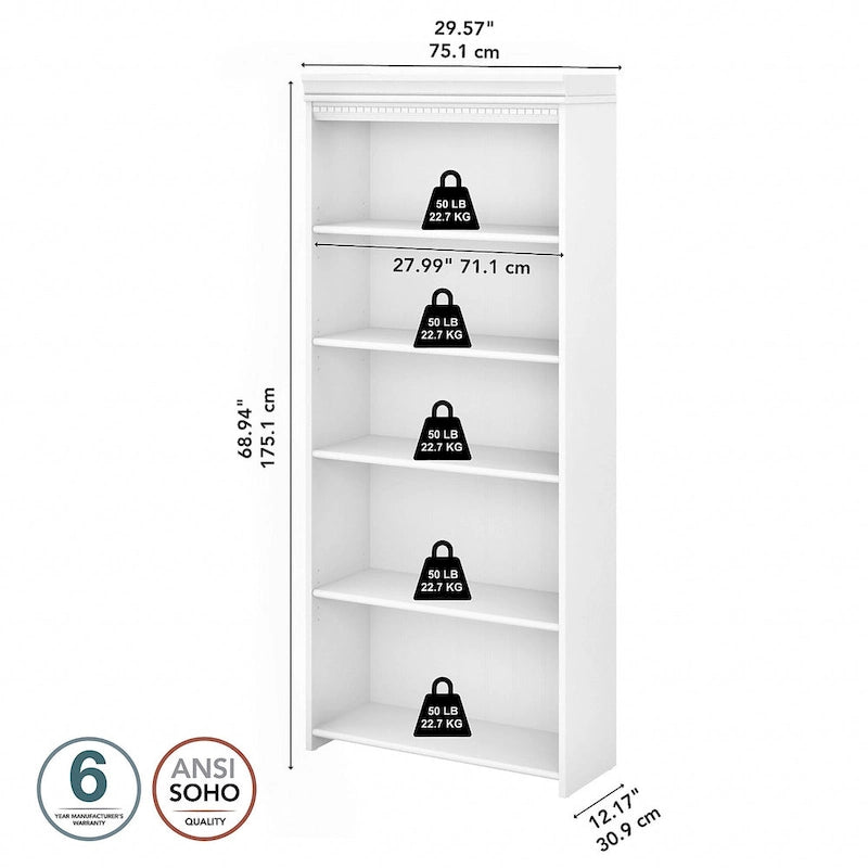 Fairview Antique White 5-shelf Bookcase - Antique - 29.57L x 12.09W x 68.94H