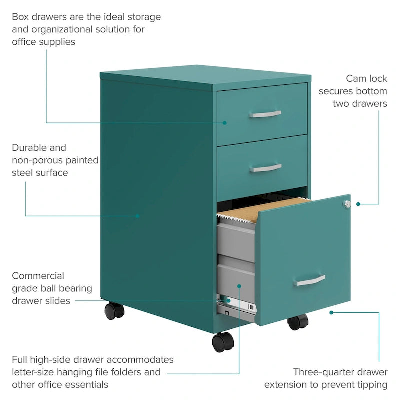 Space Solutions 18 Deep 3 Drawer Mobile Organizer Metal Cabinet, Teal