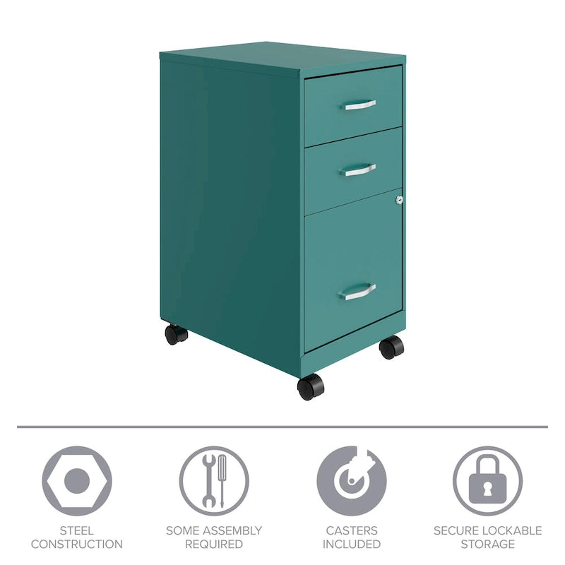 Space Solutions 18 Deep 3 Drawer Mobile Organizer Metal Cabinet, Teal