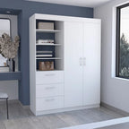 Kenya 3-Drawer Armoire with 3 Upper Shelves, 2 Hangers, Metal Handles, White - N/A