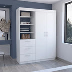 Kenya 3-Drawer Armoire with 3 Upper Shelves, 2 Hangers, Metal Handles, White - N/A