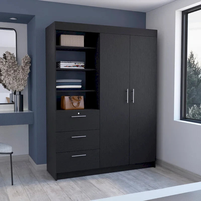 Kenya 3-Drawer Armoire with 3 Upper Shelves, 2 Hangers, Metal Handles, White - N/A