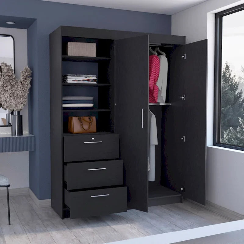 Kenya 3-Drawer Armoire with 3 Upper Shelves, 2 Hangers, Metal Handles, White - N/A