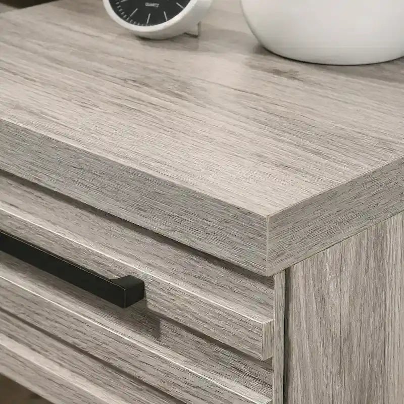 Roundhill Furniture Alvear Upholstered Wood Panel Bed, Dresser, Mirror, 2 Nightstands, and Chest, Weathered Gray