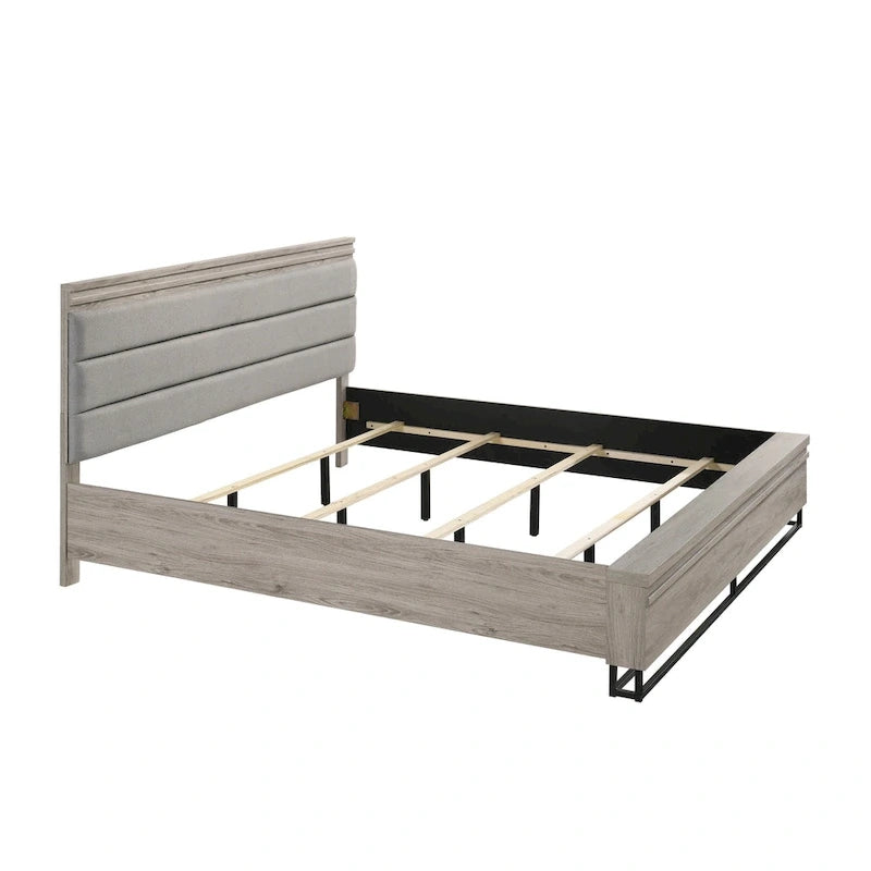 Roundhill Furniture Alvear Upholstered Wood Panel Bed, Dresser, Mirror, 2 Nightstands, and Chest, Weathered Gray