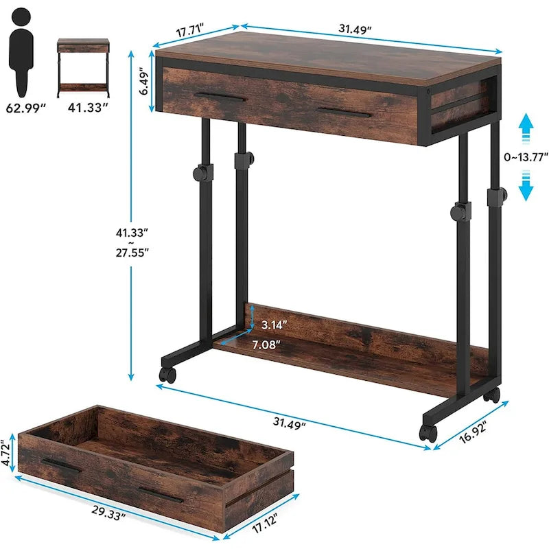 Adjustable Side Table Portable Desk with Drawers and Wheels for Home Office