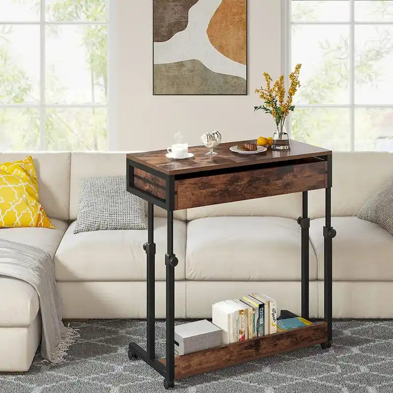 Adjustable Side Table Portable Desk with Drawers and Wheels for Home Office