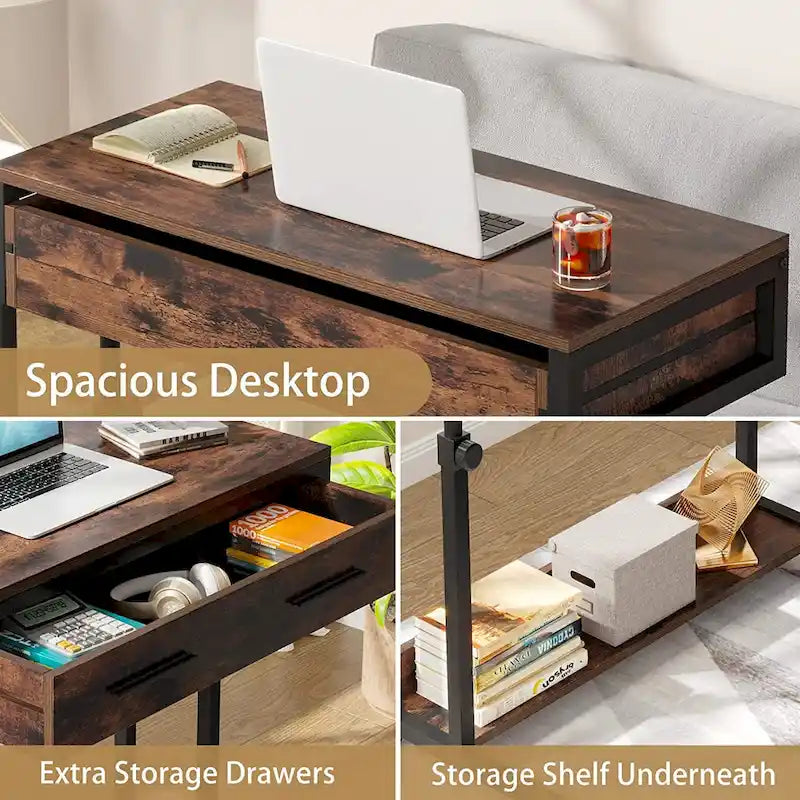 Adjustable Side Table Portable Desk with Drawers and Wheels for Home Office