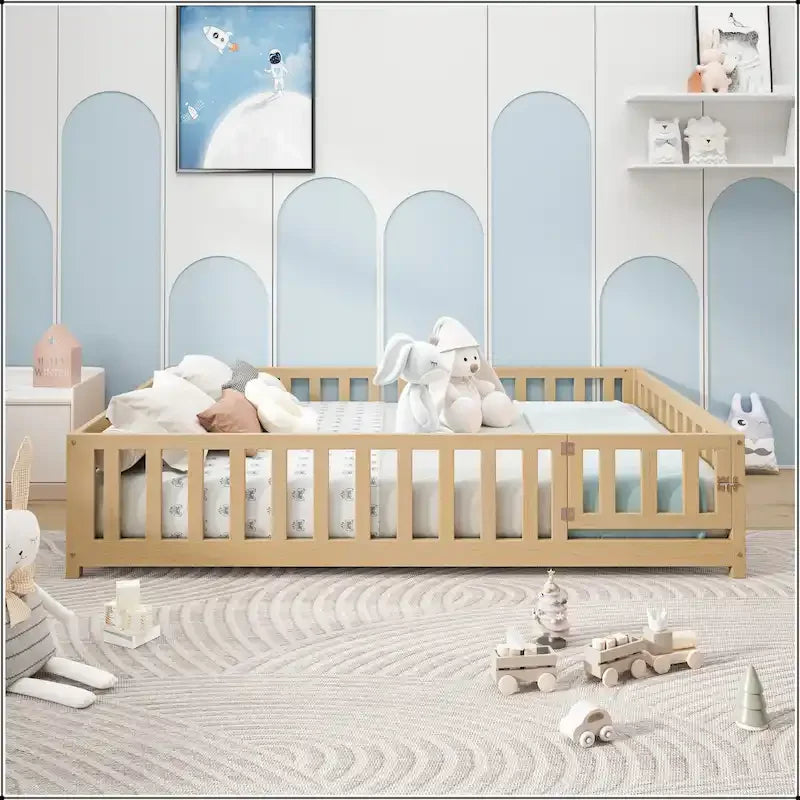 Full Size Floor Platform Bed with Fence and Door for Kids