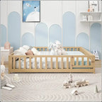 Full Size Floor Platform Bed with Fence and Door for Kids