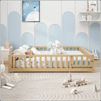 Full Size Floor Platform Bed with Fence and Door for Kids