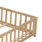 Full Size Floor Platform Bed with Fence and Door for Kids