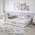 Full Size Floor Platform Bed with Fence and Door for Kids
